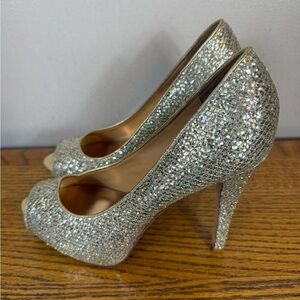 Badgley Mischka‎ Heels Peep-Toe Gold Sparkle Size 9 Party Wedding Maximalist